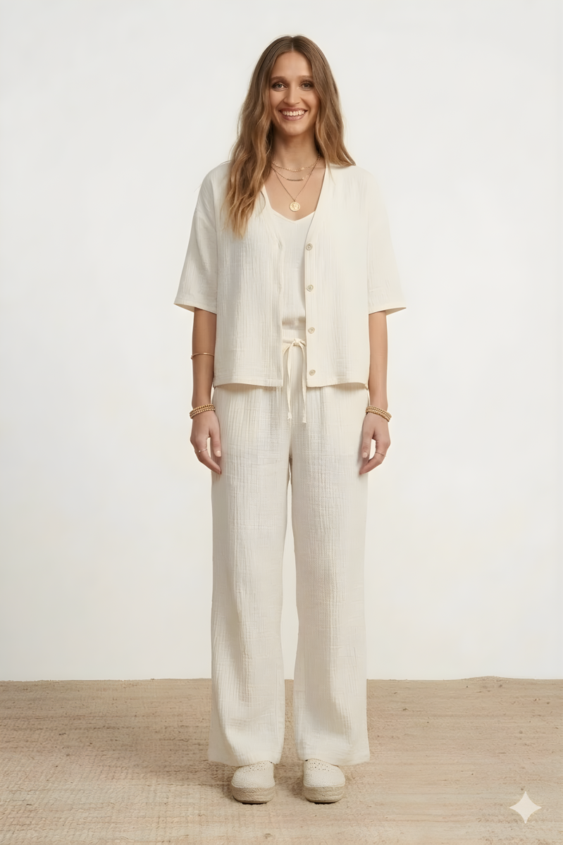 PANTALÓN ANCHO CON CORDÓN COLOR BLANCO ROTO 1